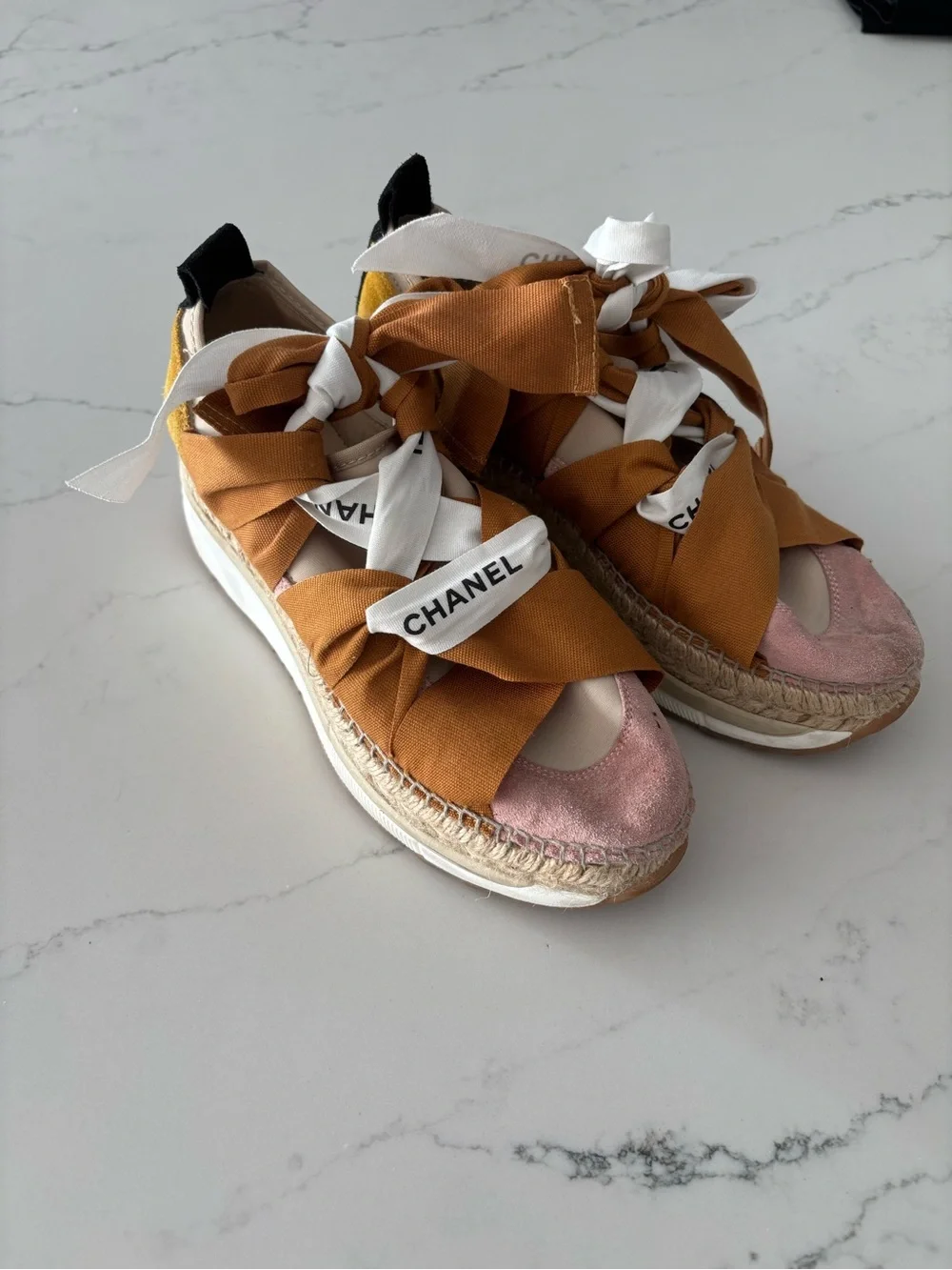 CHANEL Laced Free Tan & Pink Canvas Espadrille Platform Sandals with Ribbon Ties